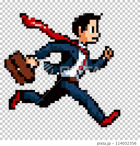 ビジネスバッグを持って走っているスーツ姿の会社員のドット絵 114032356