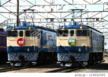 車両基地に停車するEF65形電気機関車(津軽ヘッドマーク掲出) 車両基地に停車するEF65形電気機関車(津軽ヘッドマーク掲出) 114032505