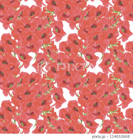 Hand drawn watercolor red poppy flowers bouquet seamless pattern isolated on white background. Can be used for textile, fabric and other printed products. Hand drawn watercolor red poppy flowers bouquet seamless pattern isolated on white background. Can be used for textile, fabric and other printed products. 114032608