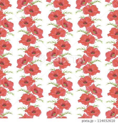 Hand drawn watercolor red poppy flowers bouquet seamless pattern isolated on white background. Can be used for textile, fabric and other printed products. 114032610