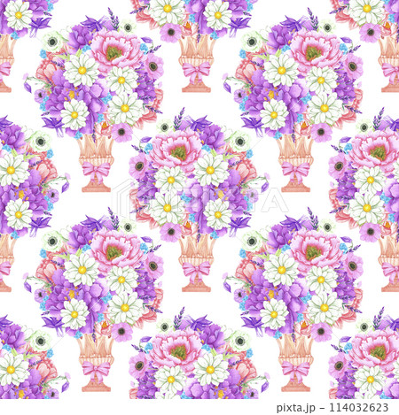 Hand drawn watercolor peony anemone and chamomile flowers bouquet in a goblet seamless pattern isolated on white background. Can be used for textile, scrapbook and other printed products. 114032623