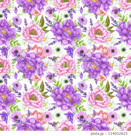Hand drawn watercolor peony and anemone flowers bouquet seamless pattern isolated on white background. Can be used for textile, scrapbook and other printed products. 114032625