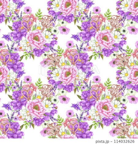 Hand drawn watercolor peony and anemone flowers bouquet seamless pattern isolated on white background. Can be used for textile, scrapbook and other printed products. 114032626