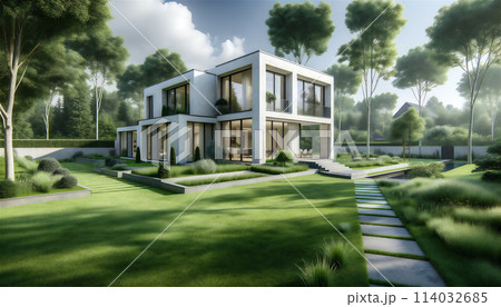 緑の芝が整えられた庭に建つシンプルなデザインの住宅 114032685
