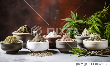 Various ground cannabis in antique ceramic mortar.AI Generated Various ground cannabis in antique ceramic mortar.AI Generated 114032805