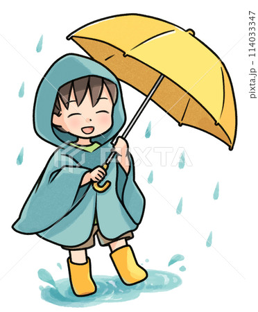 雨の中を楽しそうに歩く小さな男の子 雨の中を楽しそうに歩く小さな男の子 114033347
