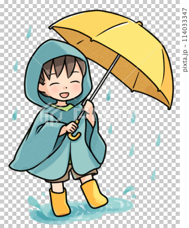 雨の中を楽しそうに歩く小さな男の子 雨の中を楽しそうに歩く小さな男の子 114033347