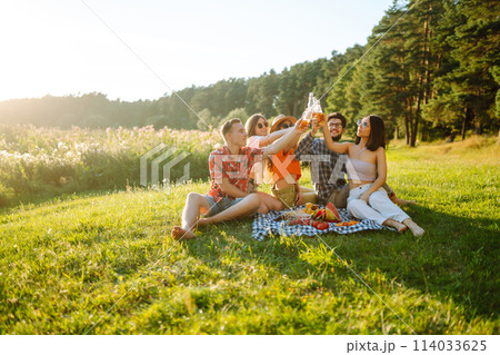 Group of happy friends cheers, drink beers on in summer park. Friendship or holliday concept. Group of happy friends cheers, drink beers on in summer park. Friendship or holliday concept. 114033625