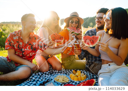 Group of young friends having picnic, eating watermelon, enjoy summer party. Summer vacation concept 114033629