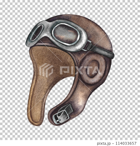 The pilot's helmet. Vintage retro illustration of an antique pilot's protective helmet, made in watercolor by hand. . Isolate it. For banners, flyers, posters. For badges, stickers and prints. 114033657