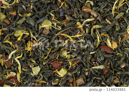 dry green tea with jasmine flowers, calendula, pineapple slices dry green tea with jasmine flowers, calendula, pineapple slices 114033981