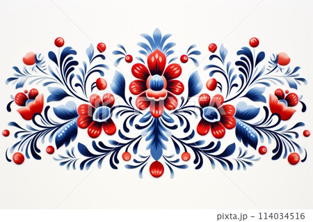 Vibrant red and blue Slovak folk embroidery 114034516