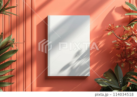 a mockup with a blank white book cover against a peach colored background 114034518