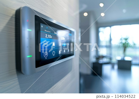 Sleek smart home interface on a wall, offering seamless control over house functions 114034522