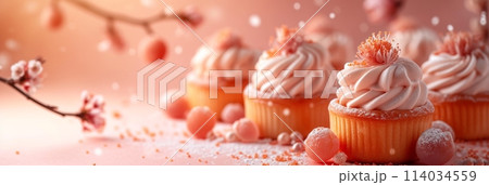 small French desserts, mini cakes, on a peach-colored background 114034559