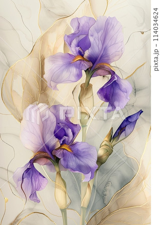 violet irises, reminiscent of the delicate strokes of a watercolor painting 114034624