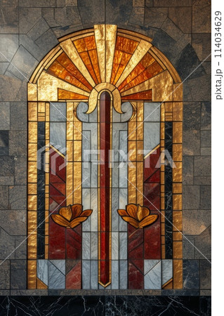 Window made with stained glass and gold, in the style of dark orange and gray Window made with stained glass and gold, in the style of dark orange and gray 114034629