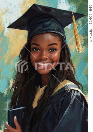 A vibrant, illustrated portrait of a young African American graduate, full of optimism 114034649