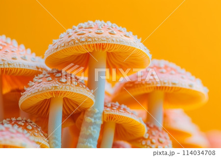 a photo featuring psychedelic mushrooms against a single-color background 114034708