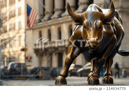 A bull is standing in front of a building with a lot of numbers and lines 114034770