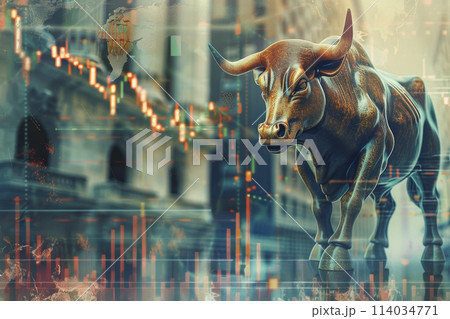A bull is standing in front of a building with a lot of numbers and lines 114034771