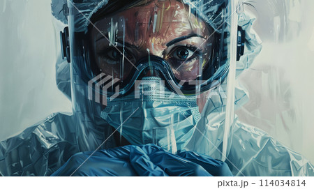A woman in a hazmat suit is holding a glass 114034814