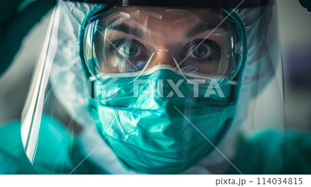 A woman in a green lab coat and goggles is looking at the camera 114034815