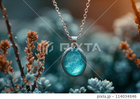 a striking blue pendant necklace suspended amidst natural flora a striking blue pendant necklace suspended amidst natural flora 114034846