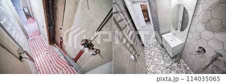 Apartment bathroom with heated floor and electric towel dryer before and after restoration. Flat with underfloor heating pipes and new renovated bathroom with sink, mirror and towel warmer. Apartment bathroom with heated floor and electric towel dryer before and after restoration. Flat with underfloor heating pipes and new renovated bathroom with sink, mirror and towel warmer. 114035065