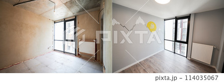 Old apartment room with brick wall and new renovated flat with parquet floor. Comparison of children room before and after renovation. 114035067