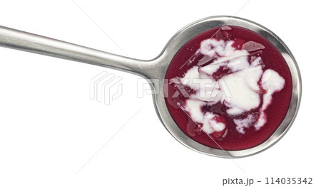 Borscht with sour cream in spoon, beetroot soup isolated on white background, top view 114035342