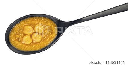Vegetarian chickpea cream soup in spoon isolated on white background, top view 114035343