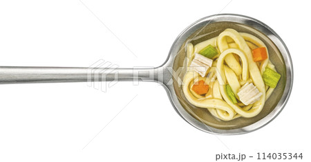 Instant chicken noodle soup in spoon isolated on white background, top view, package design element 114035344