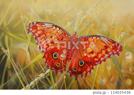 A butterfly with a red body and black eyes is sitting on a patch of grass A butterfly with a red body and black eyes is sitting on a patch of grass 114035436