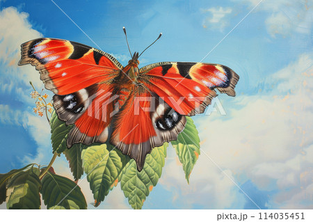 A red butterfly is perched on a leaf 114035451