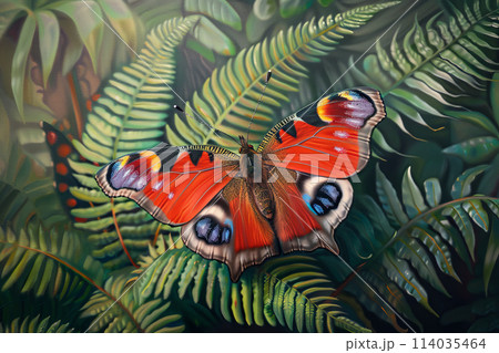 A red butterfly is perched on a green leaf A red butterfly is perched on a green leaf 114035464