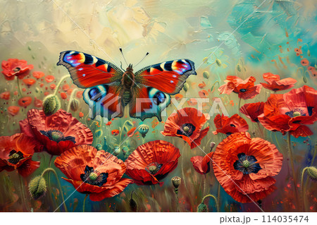 A painting of a red butterfly in a field of red flowers 114035474
