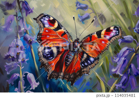 A painting of a red and blue butterfly with purple flowers in the background A painting of a red and blue butterfly with purple flowers in the background 114035481