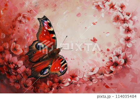 A red butterfly is sitting on a pink flower 114035484