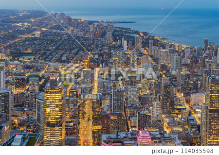 Sunset aerial view of the downtown landscape from the Willis Tower Sunset aerial view of the downtown landscape from the Willis Tower 114035598