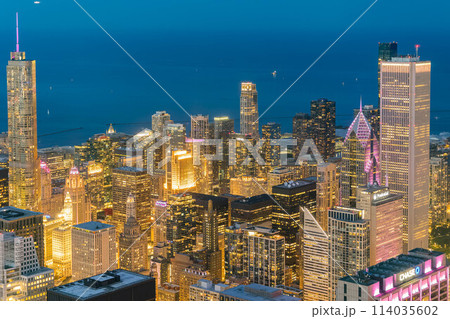Sunset aerial view of the downtown landscape from the Willis Tower 114035602