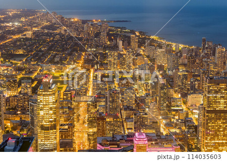Sunset aerial view of the downtown landscape from the Willis Tower 114035603