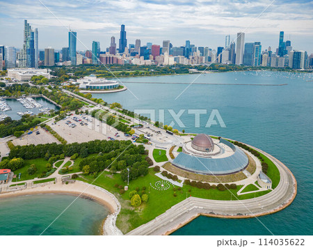 Sunny aerial view of the Adler Planetarium and downtown cityscape Sunny aerial view of the Adler Planetarium and downtown cityscape 114035622