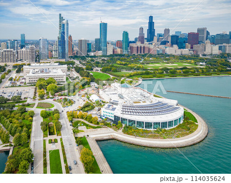 Sunny aerial view of the Shedd Aquarium and downtown cityscape Sunny aerial view of the Shedd Aquarium and downtown cityscape 114035624