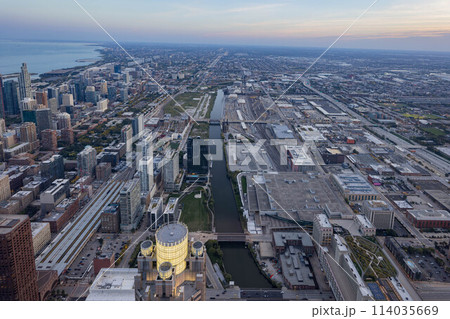 Sunset aerial view of the downtown landscape from the Willis Tower Sunset aerial view of the downtown landscape from the Willis Tower 114035669