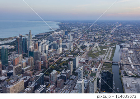 Sunset aerial view of the downtown landscape from the Willis Tower Sunset aerial view of the downtown landscape from the Willis Tower 114035672