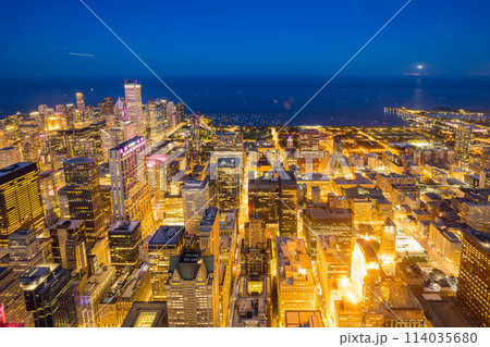 Sunset aerial view of the downtown landscape from the Willis Tower Sunset aerial view of the downtown landscape from the Willis Tower 114035680