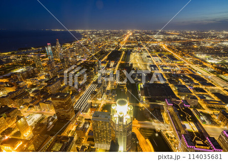 Sunset aerial view of the downtown landscape from the Willis Tower 114035681