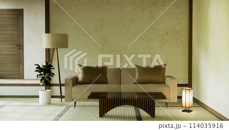 Living room modern minimal japan style with sofa armchair and decoration. Living room modern minimal japan style with sofa armchair and decoration. 114035916