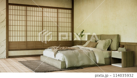 Bedroom japanese minimal style.,Modern white wall and wooden floor, room minimalist. 114035932